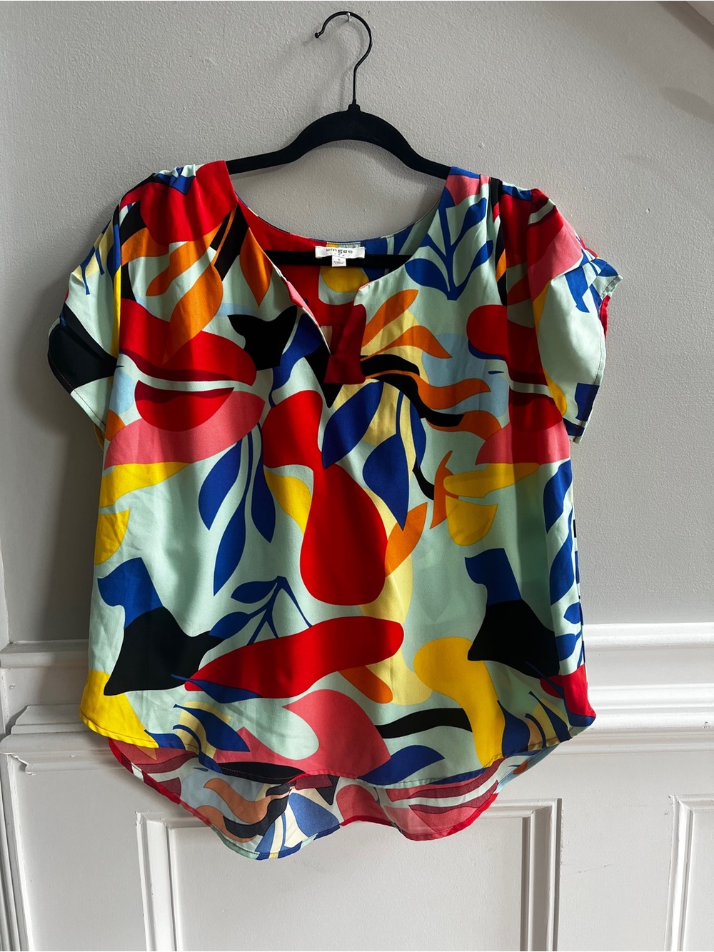 Umgee Colorful Abstract Floral Blouse Small Short Sleeve Boho Top